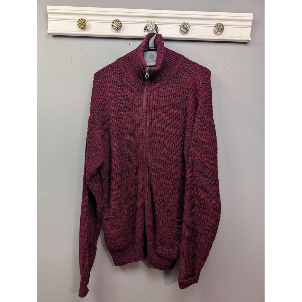 Haband Sweater‎ Mens Large Burgundy Black Full Zip Mock Neck Ribbed Knit Pockets